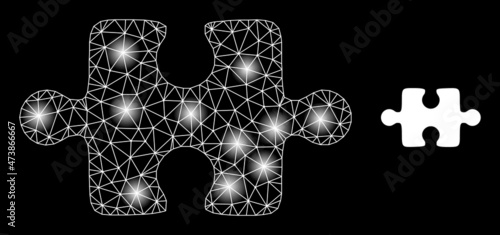 Glowing network puzzle item web icon with illuminated light spots. Illuminated model done from puzzle item vector icon. Sparkle carcass web polygonal puzzle item, on a black background.