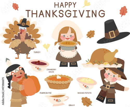 A vector set of Happy Thanksgiving icons: turkey, pie, pumpkin pie, apple pie, cranberry, gravy, native American, pumpkin, pilgrims, autumn, holiday