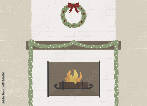 A lit fireplace and greenery, in a cut paper style with textures
