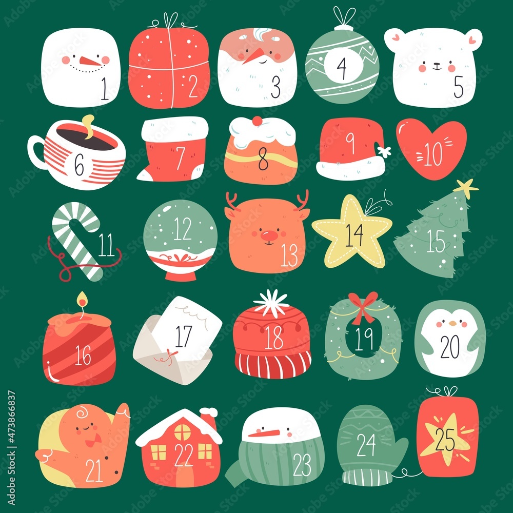hand drawn festive advent calendar vector design illustration