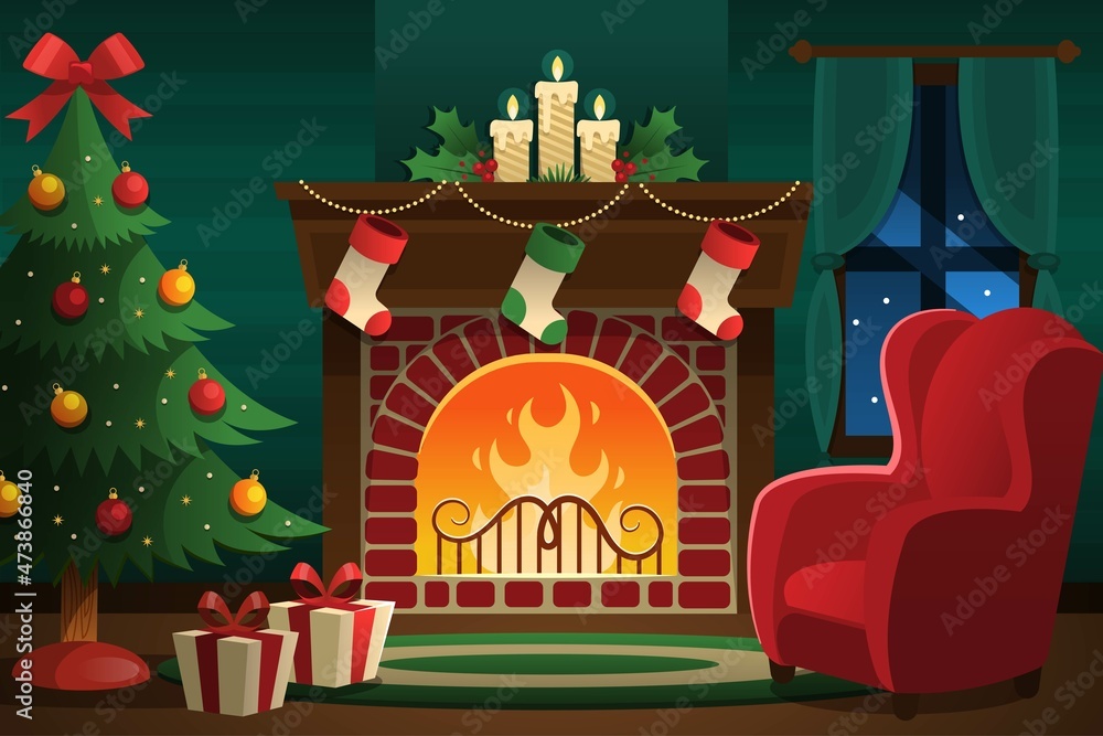 christmas fireplace scene concept flat vector design illustration