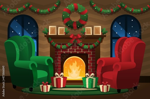 christmas fireplace scene concept flat vector design illustration