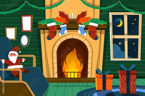 christmas fireplace scene concept hand drawn vector design illustration