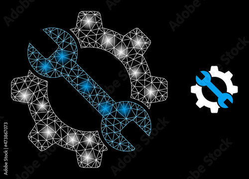 Constellation mesh repair tools web icon with flare light spots. Illuminated constellation is created using repair tools vector icon. Illuminated carcass web polygonal repair tools,