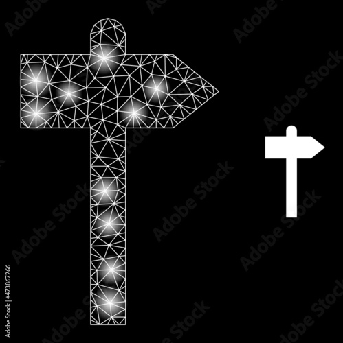 Constellation network road pointer web icon with glossy light spots. Illuminated constellation is created from road pointer vector icon. Glossy carcass web polygonal road pointer,