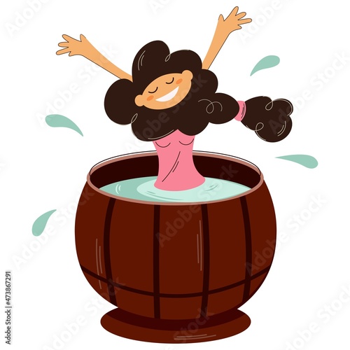 Happy girl takes spa treatments in jacuzzi or cedar barrel. She has fun in the home sauna or spa. Isolated vector trendy design. A bright character bathes in a wooden barrel. Flat style.