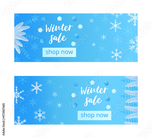Premium blue christmas banner set wit geometric snowflakes.