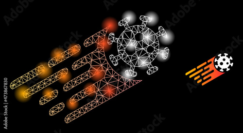Constellation mesh rush virus web icon with illuminated light spots. Illuminated model is done from rush virus vector icon. Illuminated frame web polygonal rush virus, on a black background.