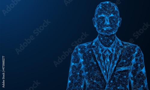 Businessman. A man in a business suit. Polygonal design of interconnected lines and points. Blue background.