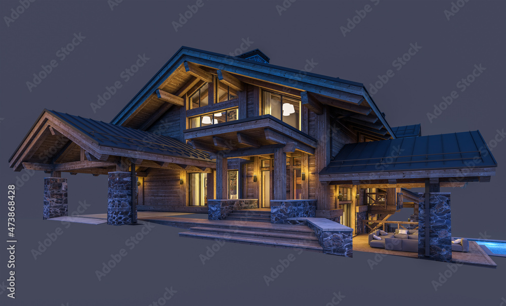 3d rendering of modern cozy chalet with pool and parking for sale or rent. Massive timber beams columns. In the night. Isolated on black