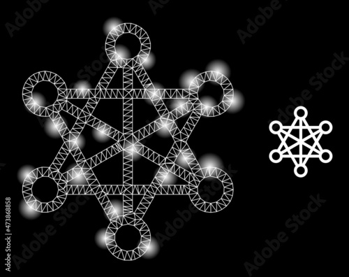 Glowing network star network web icon with bright spots. Illuminated constellation created from star network vector icon. Glowing frame web polygonal star network, on a black background.