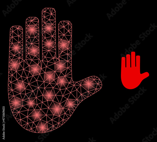 Constellation mesh stop hand web icon with bright spots. Illuminated constellation created from stop hand vector icon. Illuminated carcass web polygonal stop hand, on a black background.