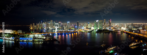 Aerial night panorama Downtown Miami long exposure