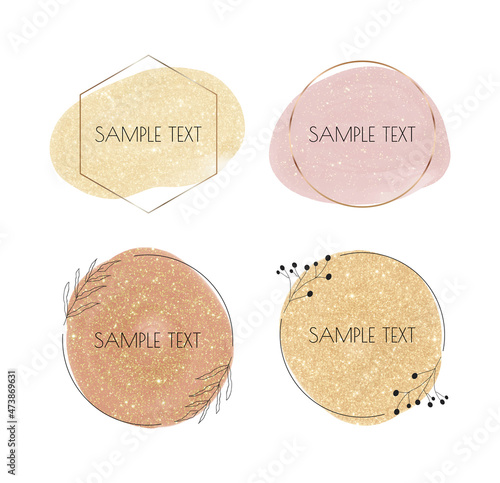 Round brown, pink and golden watercolor frames with botanical lines