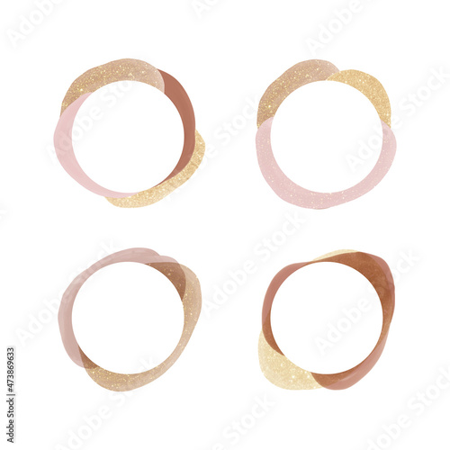Round watercolor frames with brown, pink and golden glitter splashes