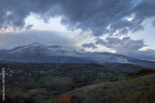 panorama of the majella mountain with snowy peak, italy