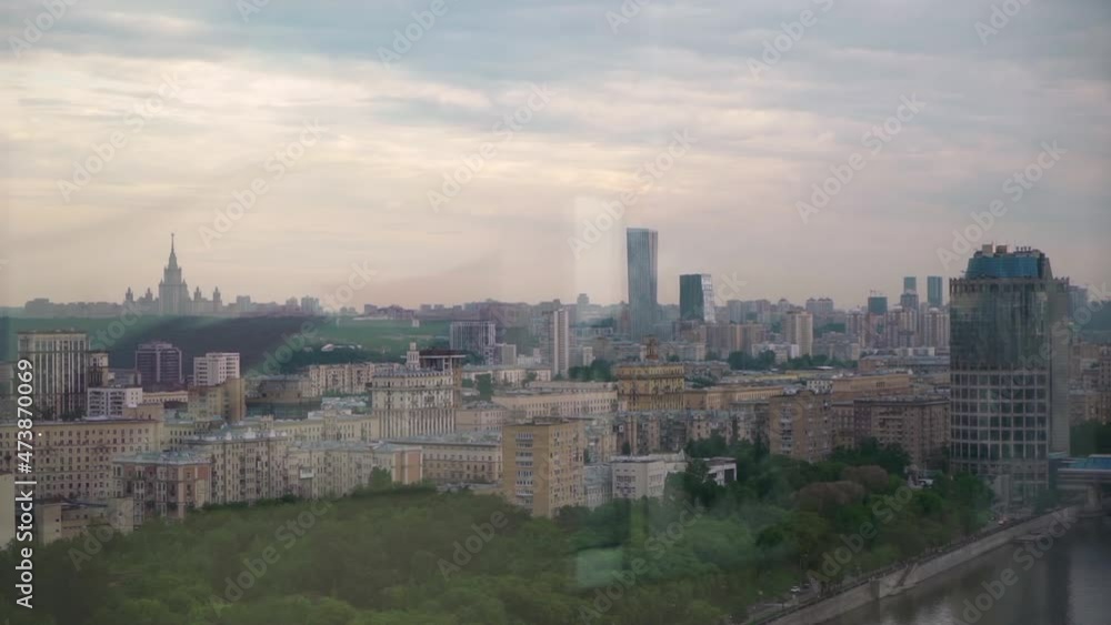 Top view of the city of Moscow, Russia. Buildings and city streets, Moskva river embankment. Top view of the city of Moscow, Russia. Buildings and city streets, Moskva river embankment.