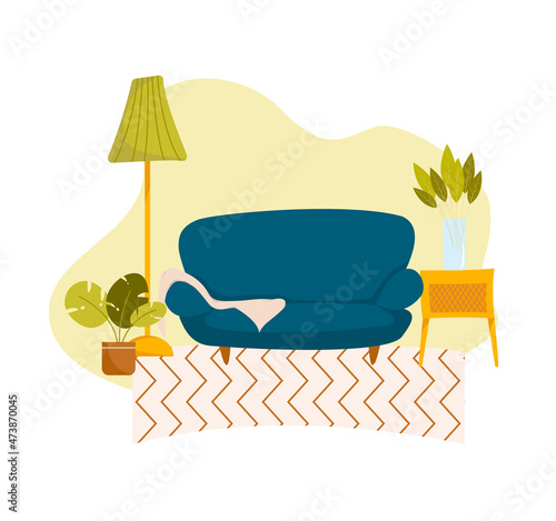 Living room interior set with sofa, tea table, floor lamp, carpet and ottoman. Vector cartoon collection of furniture isolated on white background. Flat style vector illustration.