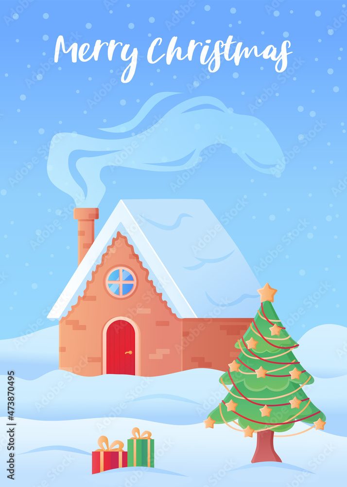 Merry christmas greeting card winter house with smoked chimney