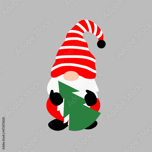 Christmas Gnome holding eve tree vector illustration. Winter elf cute gnome red and green. photo