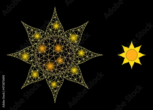 Bright net sun web icon with magic spots. Illuminated constellation is done using sun vector icon. Constellation carcass web polygonal sun, on a black background.