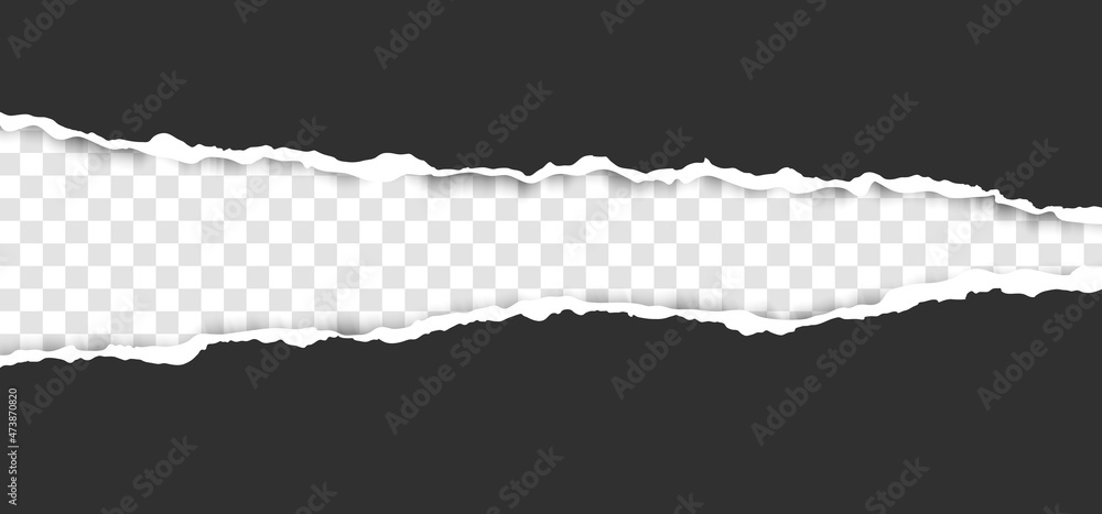 Torn, realistic, ripped strip of dark grey paper with a light shadow on a transparent background. Torn cardboard.
