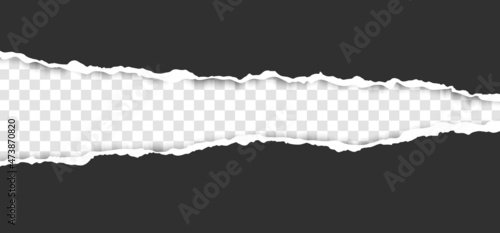 Torn, realistic, ripped strip of dark grey paper with a light shadow on a transparent background. Torn cardboard.