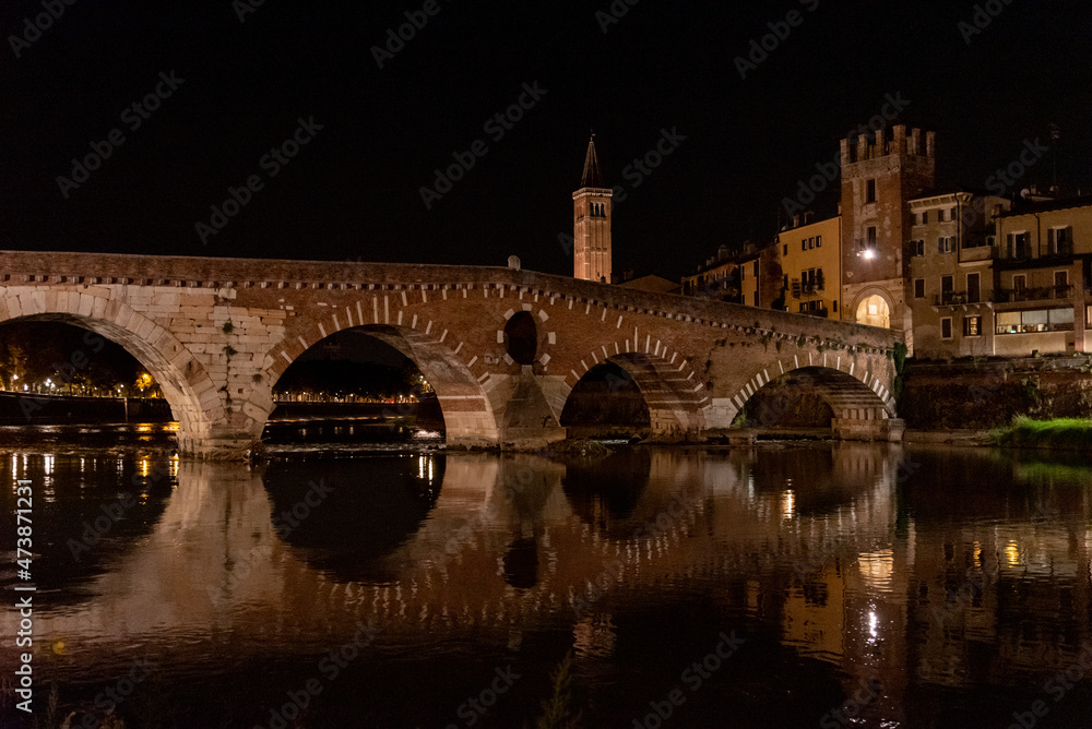 Beautiful Ponte Pietra in Verona at night