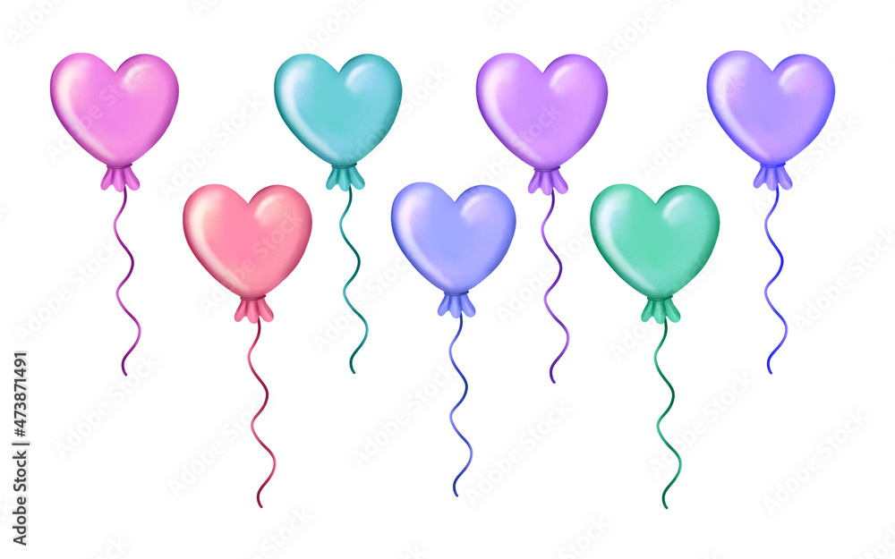 illustration of collection of colorful air balloons in shape of heart on white background