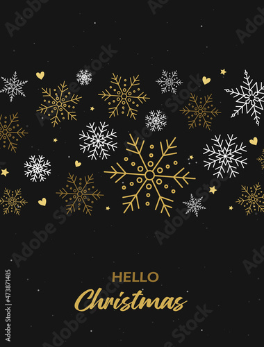 Christmas greeting card with hand-drawn snowflakes and text. Vector illustration for Merry Christmas. Xmas decoration.
