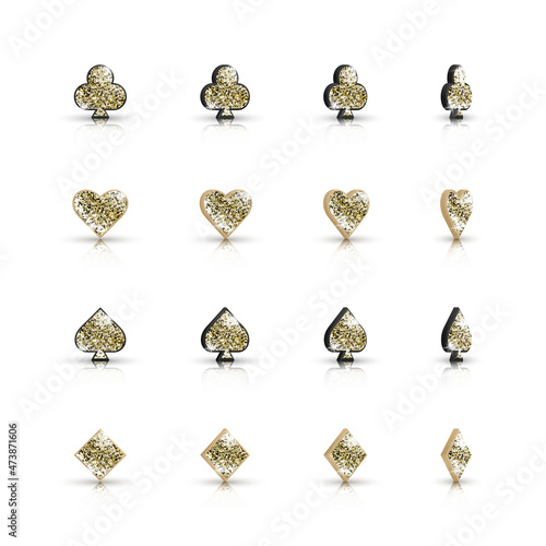 Set of 3d icons suits of playing cards with golden glitter is rotated at different angles isolated on white background. Vector symbols for casino, apps and websites or game design