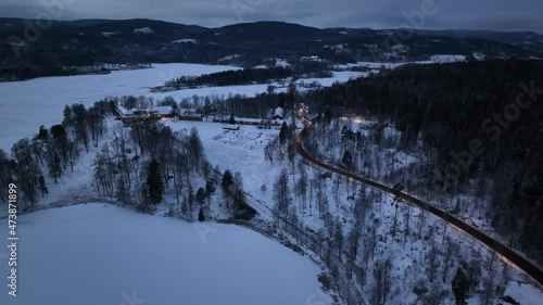 The winter is coming fast. Drone video of the snow covered landscape just outside of Oslo, Norway.  Shot with the new star from DJI Mavic 3