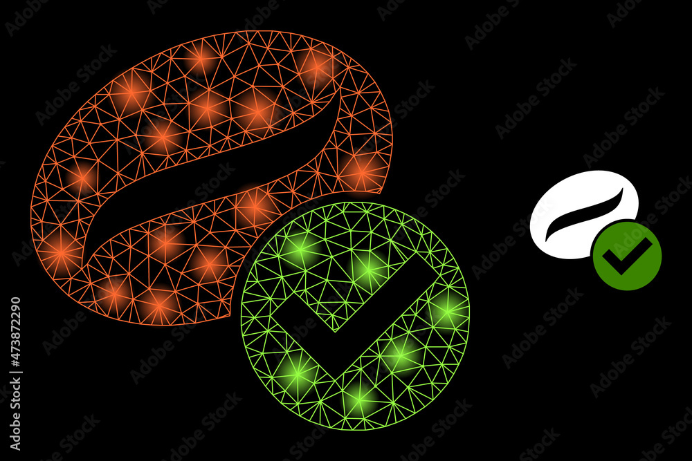 Glare net valid coffee web icon with flare spots. Illuminated constellation is created from valid coffee vector icon. Illuminated frame web polygonal valid coffee, on a black background. Glare net valid coffee web icon with flare spots. Illuminated constellation is created from valid coffee vector icon. Illuminated frame web polygonal valid coffee, on a black background.