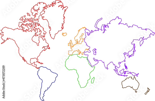 vector map of the world with the individual continents colored differently