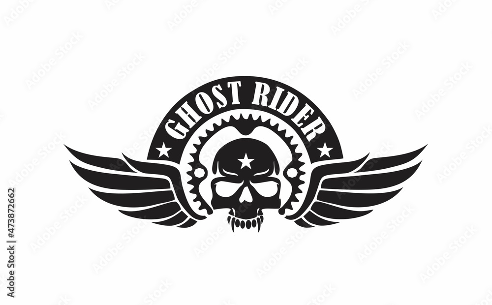 Skull ghost rider wing Black and White illustration.
Idea for print on T-shirt