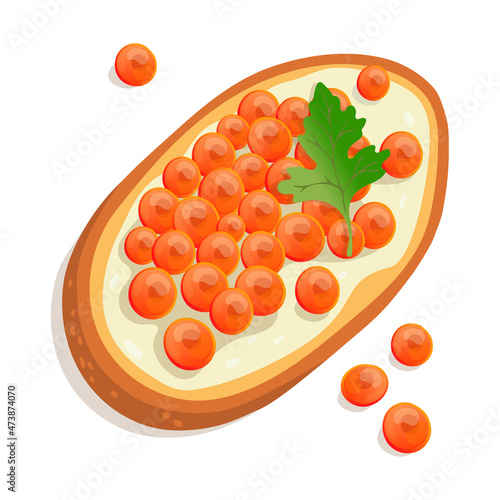Red Caviar Sandwich with a parsley leaf vector illustration isolated on white background. Healthy breakfast food. Red caviar on a piece of bread with butter