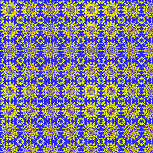 A pattern of golden stylized daisies on a purple background