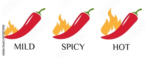 Vector illustration. Spicy hot chili pepper icons set with flame and rating of spicy. Mild medium hot and extra hot level of pepper for sauce or snack food menu. Hot pepper sign