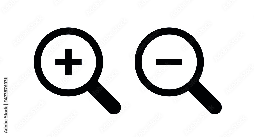 Search Icon. Magnifying glass for research and find. Signs zoom in and out scale. Lens, look magnifier, loupe sign. Isolated vector illustration on white background. Search Icon. Magnifying glass for research and find. Signs zoom in and out scale. Lens, look magnifier, loupe sign. Isolated vector illustration on white background.