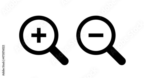 Search Icon. Magnifying glass for research and find. Signs zoom in and out scale. Lens, look magnifier, loupe sign. Isolated raster illustration on white background.