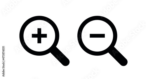 Search Icon. Magnifying glass for research and find. Signs zoom in and out scale. Lens, look magnifier, loupe sign. Isolated vector illustration on white background.