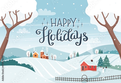 Happy holidays card - Winter landscape with trees, fields, houses. Vector illustration in flat style