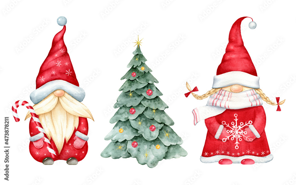 Mr and Mrs Clause gnomes,Christmas tree..Watercolor illustration isolated on white background. Mr and Mrs Clause gnomes,Christmas tree..Watercolor illustration isolated on white background.