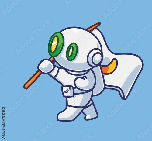 Cute astronaut robot bring a flag. Isolated cartoon science technology illustration. Flat Style suitable for Sticker Icon Design Premium Logo vector