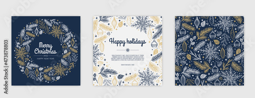 Merry Christmas artistic templates. Corporate Holiday cards and invitations. Winter frames and backgrounds design.