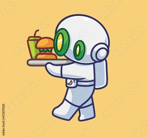 cute astronaut robot eating burger. Isolated cartoon food illustration. Flat Style suitable for Sticker Icon Design Premium Logo vector. Mascot Character