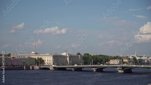 Panorama of the city of St. Petersburg. View from the top to the Neva River and the Blagoveshchensky Bridge. Embankment in the town. photo