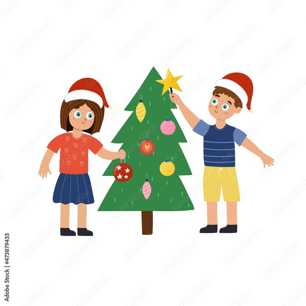 Cute boy and girl decorating the Christmas tree isolated element. Funny winter print with kids clipart. Vector illustration Cute boy and girl decorating the Christmas tree isolated element. Funny winter print with kids clipart. Vector illustration