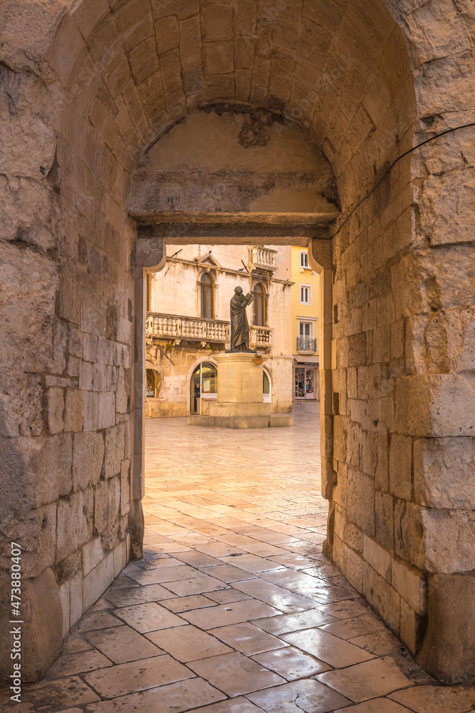 Stone passage to the Fruit Square in the old town of Split, Croatia, Europe.