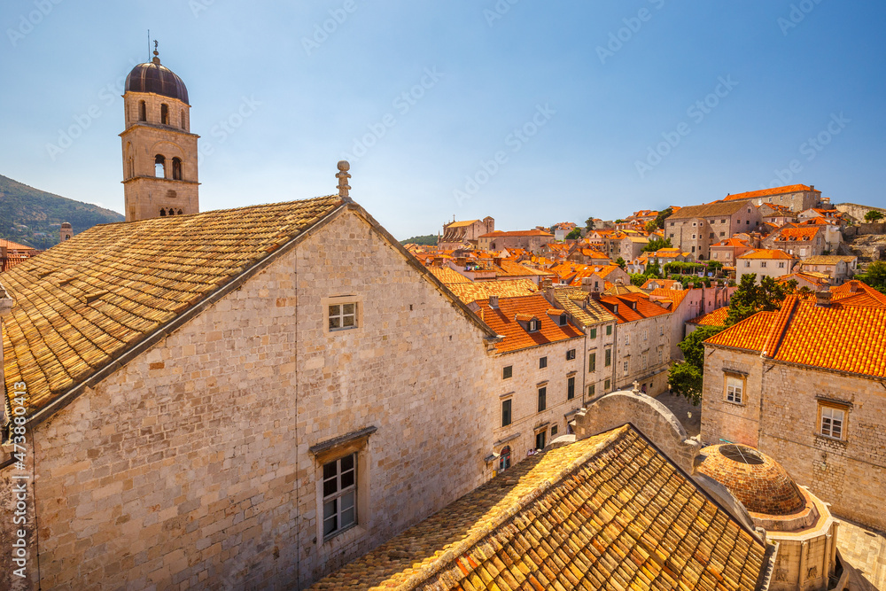 Architecture of old houses in the streets of historical centre of the Dubrovnik town, Croatia, Europe.